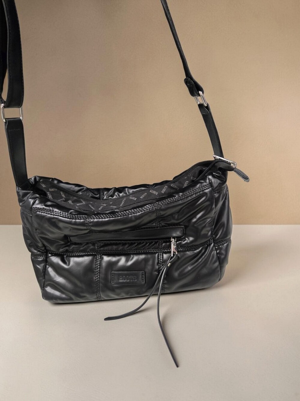 Roots Black Shiny Puffer Quilted Shoulder Crossbody Bag